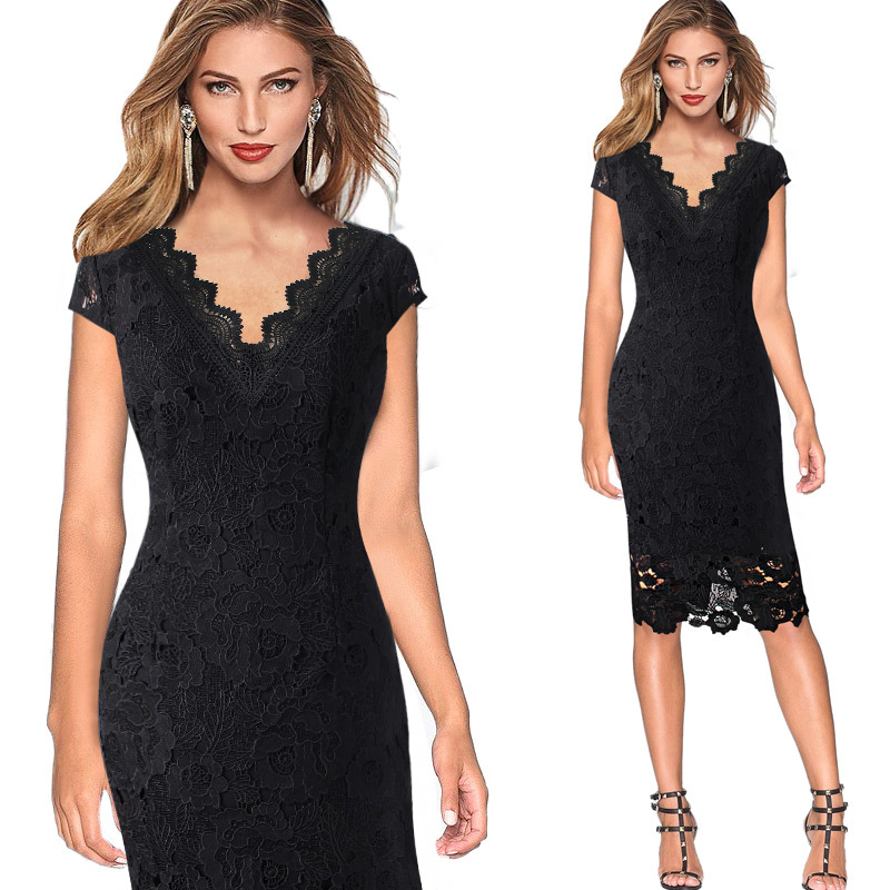 new black lace V-neck casual dress NSMF59954