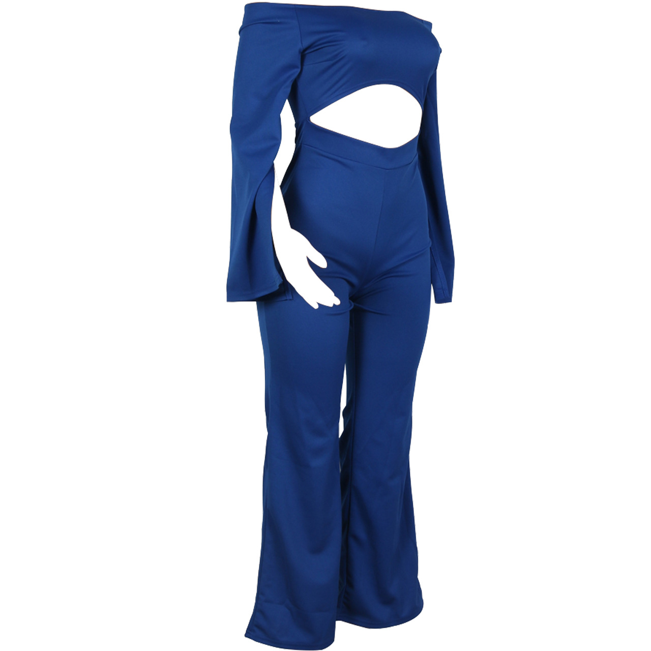 Boutique Casual Solid Color Long Sleeves Cropped off Shoulder Jumpsuit