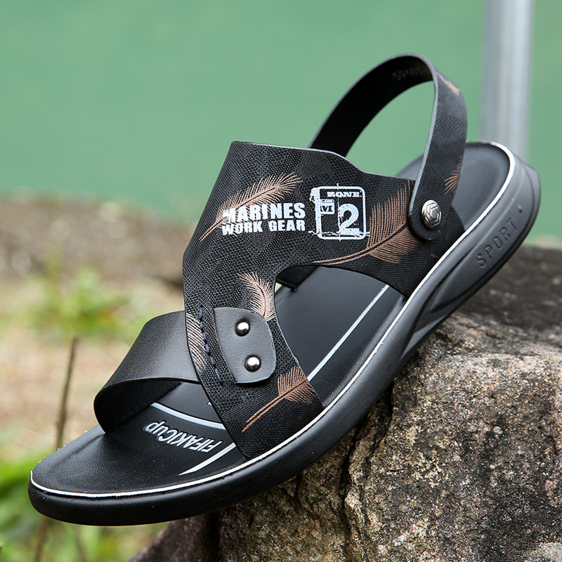 2019新款夏季男士凉鞋潮流沙滩鞋男真皮休闲时尚外穿拖鞋一件代发|ru