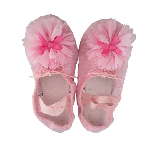 Pink Double-Woven Large Floral Dance Shoes with Pink Flowers, Rose Red Bow, 100% Cotton, Children's Ballet Shoes for Girls