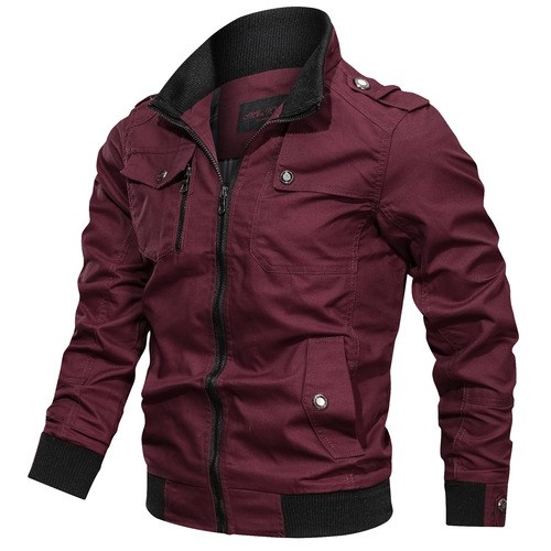 Amazon casual solid color zipper pocket stand-up collar plus-size men's pure cotton thin autumn top