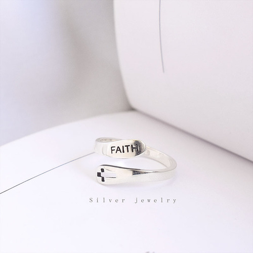 s925 sterling silver ring retro old FAITH faith cross ring personalized female silver ring ins Korean version jewelry