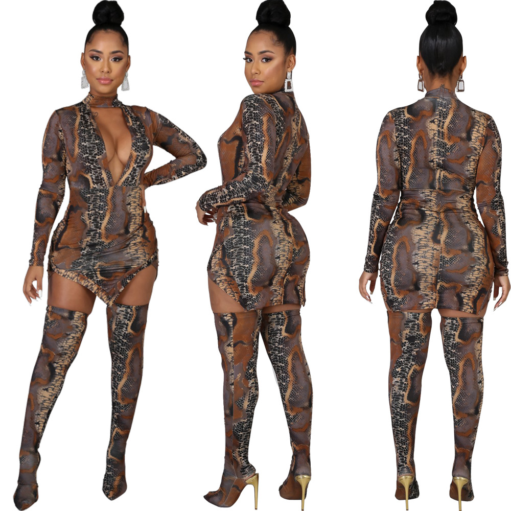 Deep V Printed Long Sleeve Stocking Two-piece Set Nihaostyles wholesale clothing vendor NSTYF72944