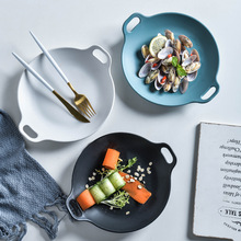 北歐陶瓷盤子菜盤家用雙耳圓盤早餐盤深盤碟子創意餐盤烤盤點心盤