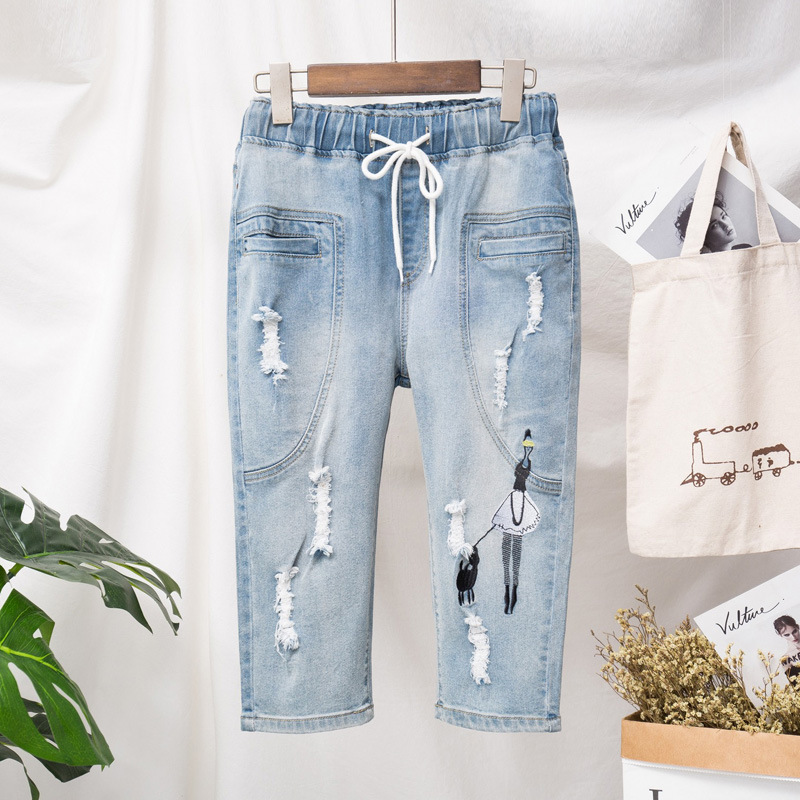 2021夏季大码破洞牛仔七分裤女装高腰刺绣200斤胖mm韩版宽松马裤|ms