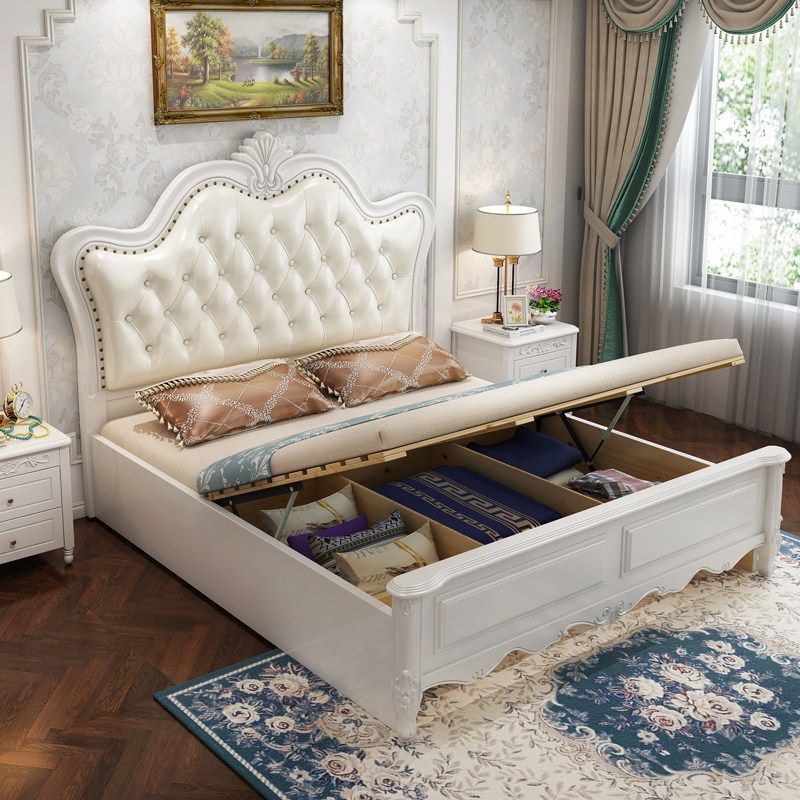 American solid wood soft leather bed 1.8M European minimalist 1.5 meters single double master bedroom 2 meter kale princess bed