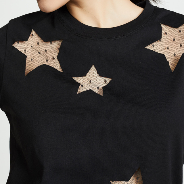 sexy hollow out asymmetric mesh star round collar short sleeve