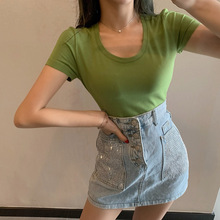 女裝2022新款夏季短袖t恤女式潮流圓領純色修身T恤韓版體恤衫001