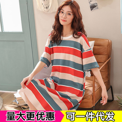 夏天睡裙女夏季短袖寬松睡衣女薄款連衣裙韓版棉質學生條紋家居服