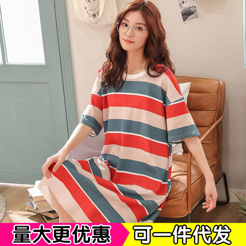 夏天睡裙女夏季短袖寬松睡衣女薄款連衣裙韓版棉質學生條紋家居服