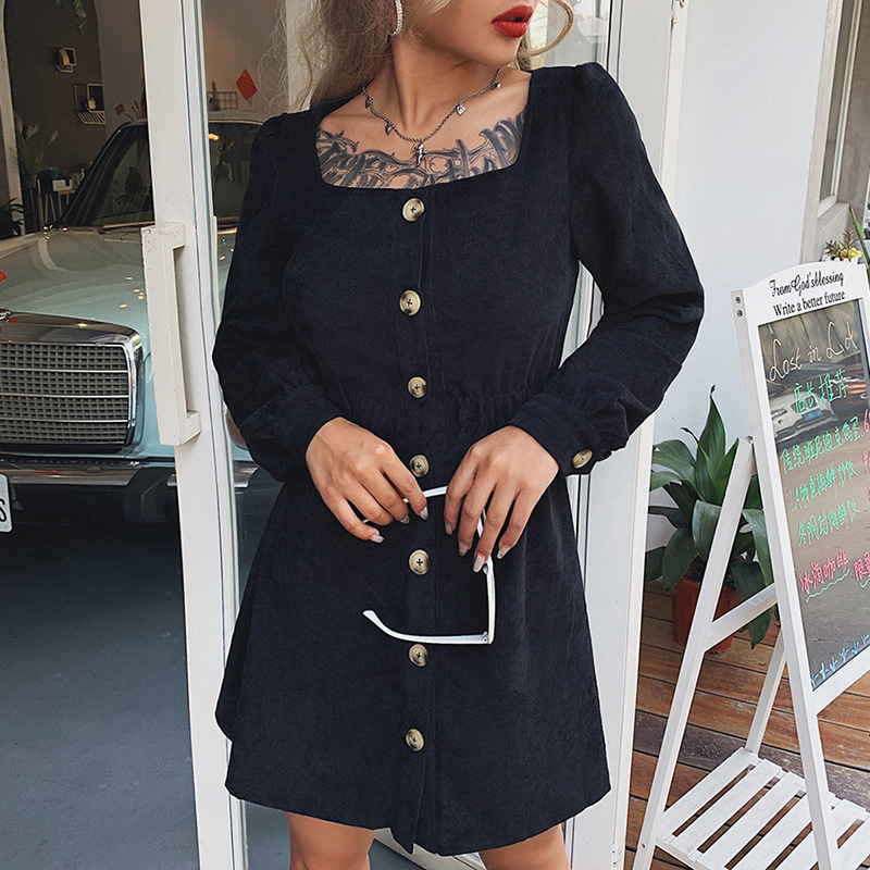 long-sleeved square collar buttoned cardigan waist retro dress short dress NSSS60204