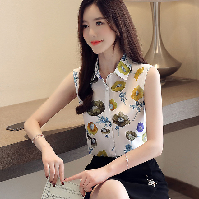 Sleeveless Printed Chiffon Blouse Women’s Shirt 2009 Summer Dress New Korean Version Women’s Wear Temperament Commuter O