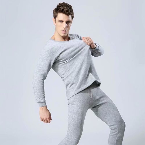 Thermal underwear set for men, solid color bottoming shirt, round neck autumn coat, long trousers, velvet and thickened youth winter trousers