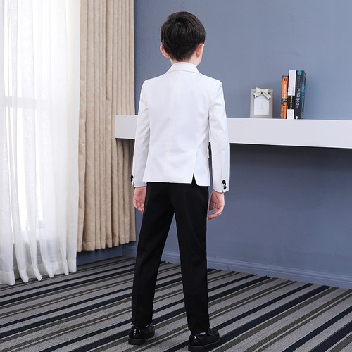 White with black patchwork jazz dance singers stage performance dress suit set for boy wedding party flower boy blazers pants host piano performance costume
