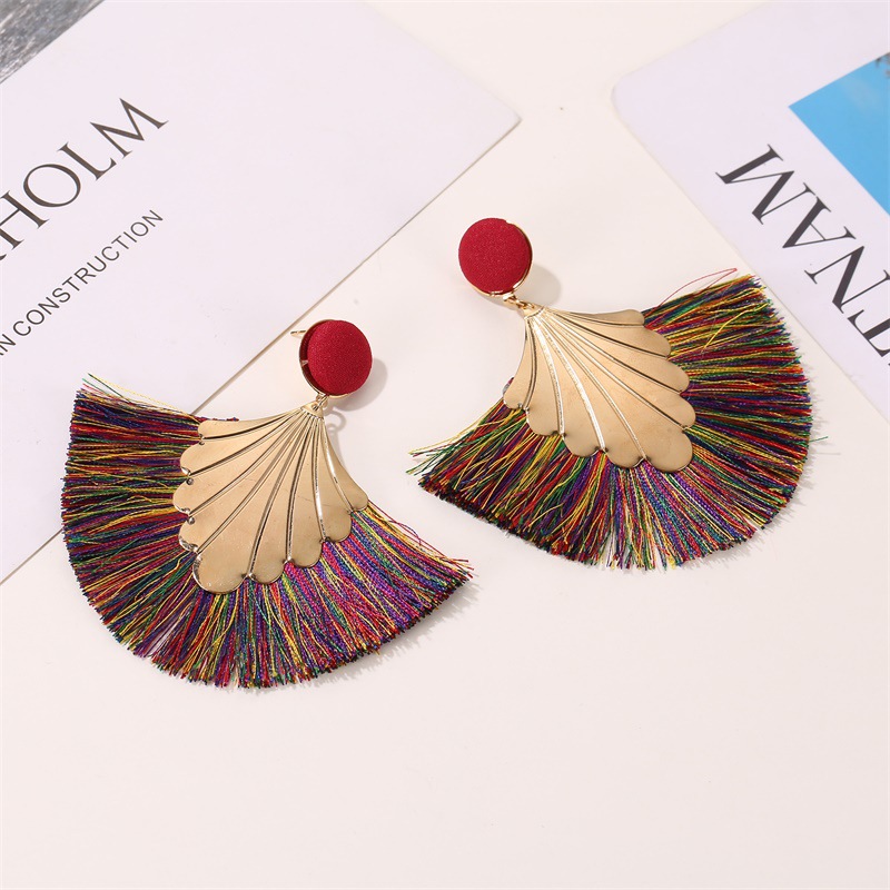 New Earrings Bohemia Fan-shaped Tassel Earrings Fashion Ripple Design Texaggerated Earrings Wholesale Nihaojewelry display picture 6