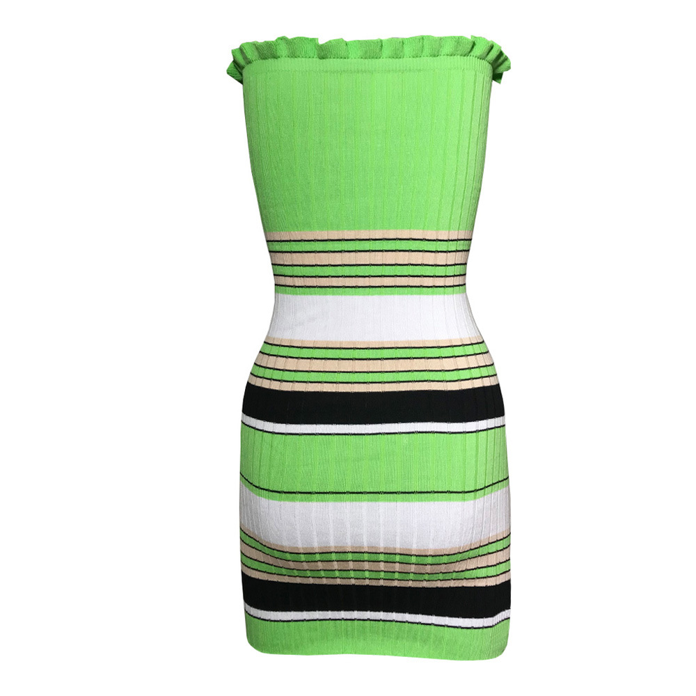 rainbow contrast color striped skirt beach holiday flat neck slim knit dress NSYX64697