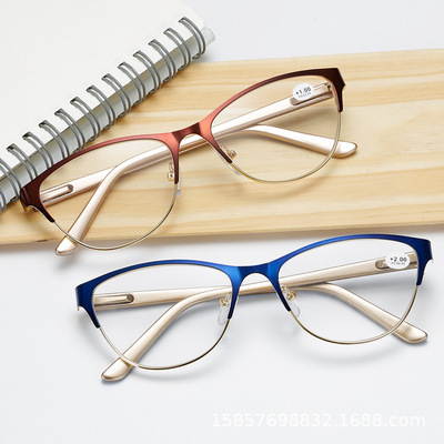 新款老人高清老花镜时尚个性猫眼镜框男女高档休闲金属老花眼镜