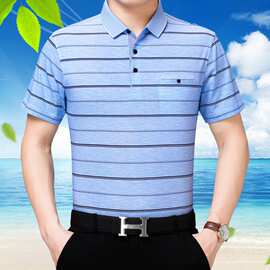 2019夏季新款宽松商务休闲半袖体恤中年男士短袖t恤条纹翻领上衣