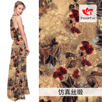 新款旗袍面料印花真丝缎 仿真丝旗袍香云纱数码印花布料