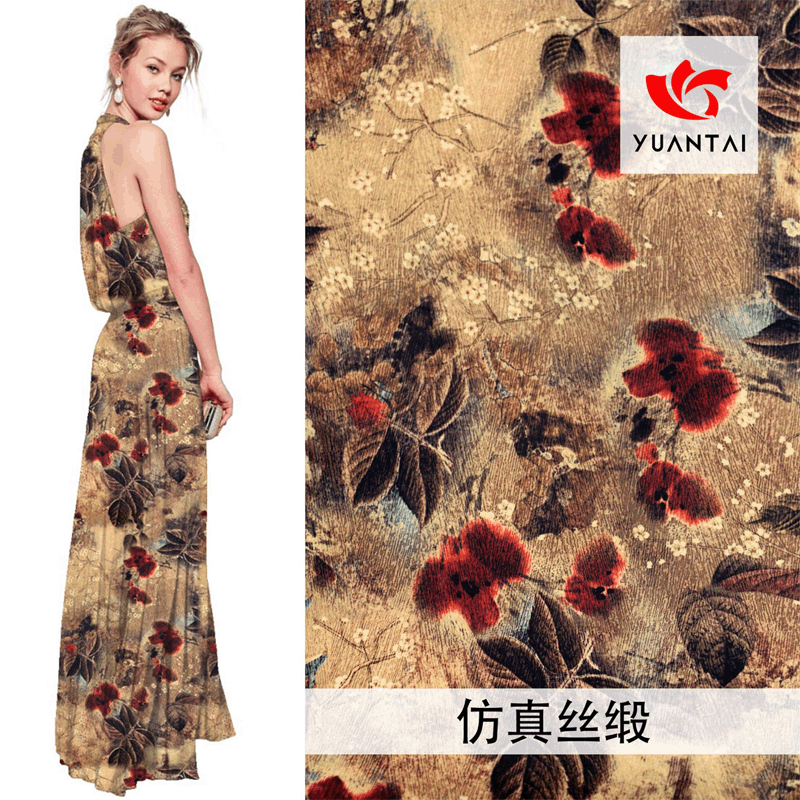 新款旗袍面料印花真丝缎 仿真丝旗袍香云纱数码印花布料