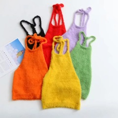 跨境wish新款秋冬女裝毛絨針織背心多色修身短款系帶吊帶背心女