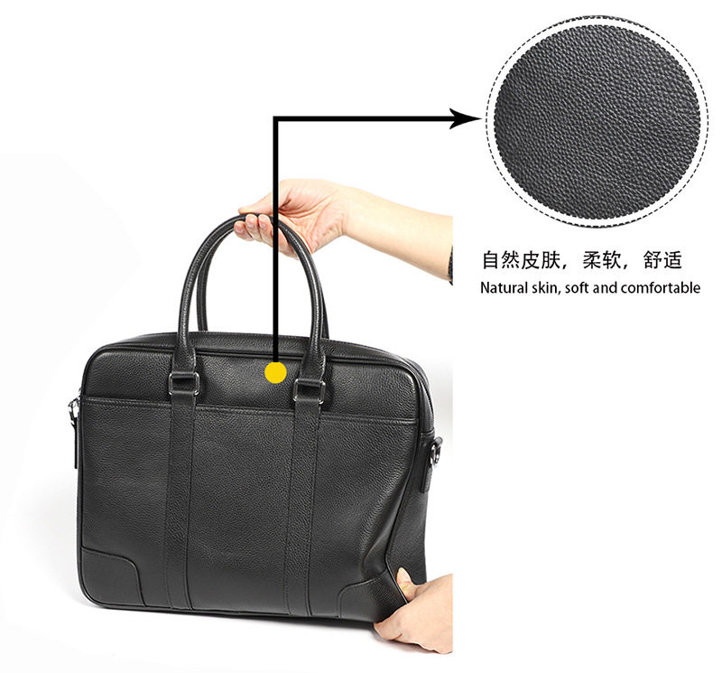 Túi xách công sở nam da bò thật dạng ngang đựng laptop 14 inch 39×28×8 cm — Màu đen dây nâu, Màu đen đường đen chi tiết 9