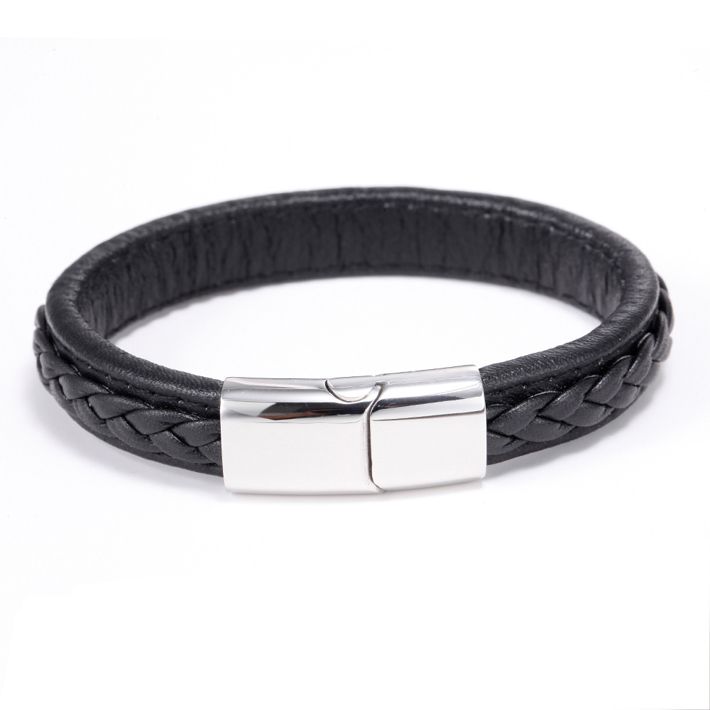 20g Weight 304 Stainless Steel Pendant Material Artificial Leather Inlay Material Simple Style Geometric Titanium Steel Braid Artificial Leather Polishing Polishing Men'S Bracelets Men Cord & Leather Bracelets