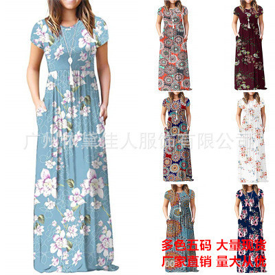 2021欧美外贸跨境新款亚马逊爆款印花口袋短袖休闲连衣裙女装|ru