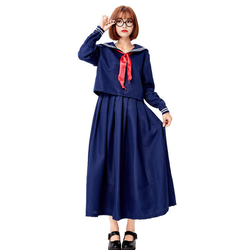 Adult women's Japanese navy sailor uniform dark blue split long sleeve v-neck Japanese school uniform with red scarf