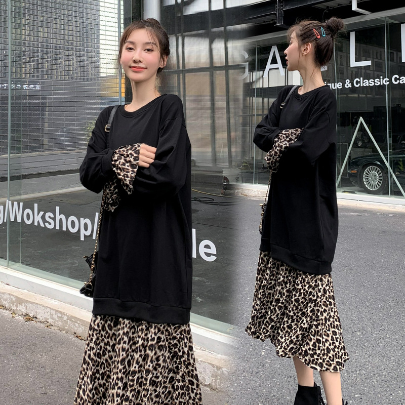 2019大码女装胖mm200斤秋冬新中长卫衣加绒假两件宽松连衣裙打底