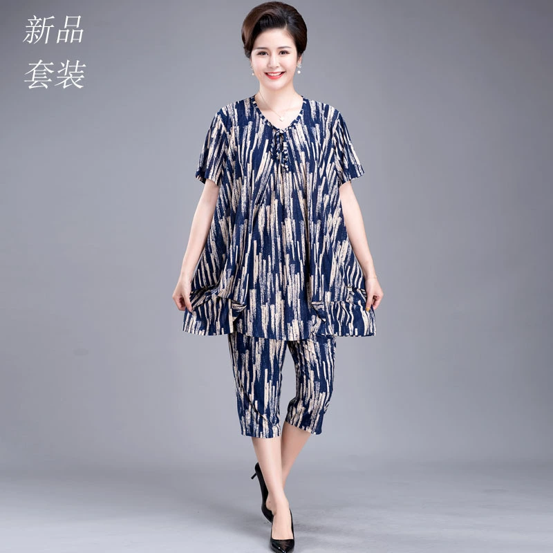 Костюм из двух частей в иностранном стиле, летний женский летний костюм из двух частей для женщин среднего и пожилого возраста с короткими рукавами и длинными рукавами, большой размер, 2020