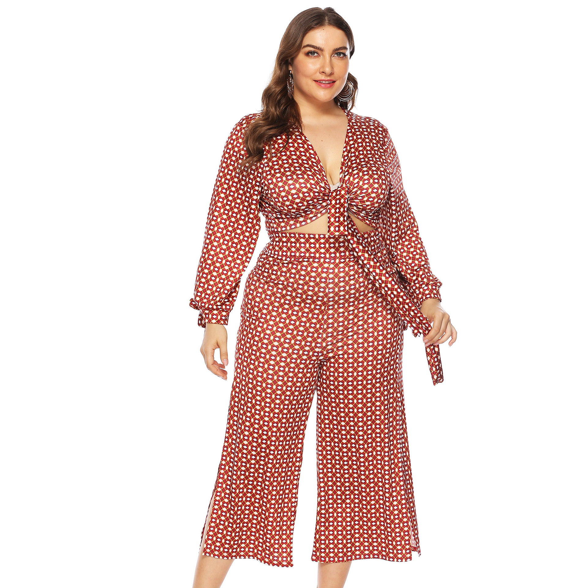 plus size polka dot print tie long sleeve split cropped trousers top suit NSOY27366