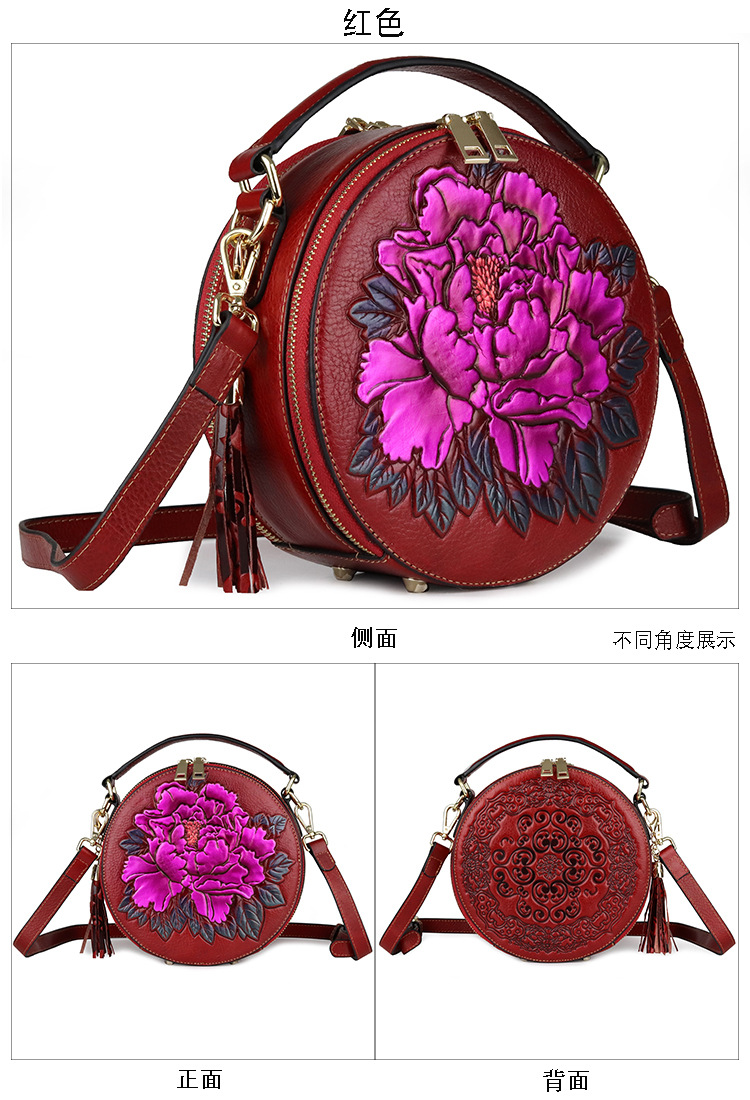 Genuine Leather Embossed Ladies Handbag Round Bucket Bag Tassel Small Round Bag display picture 4