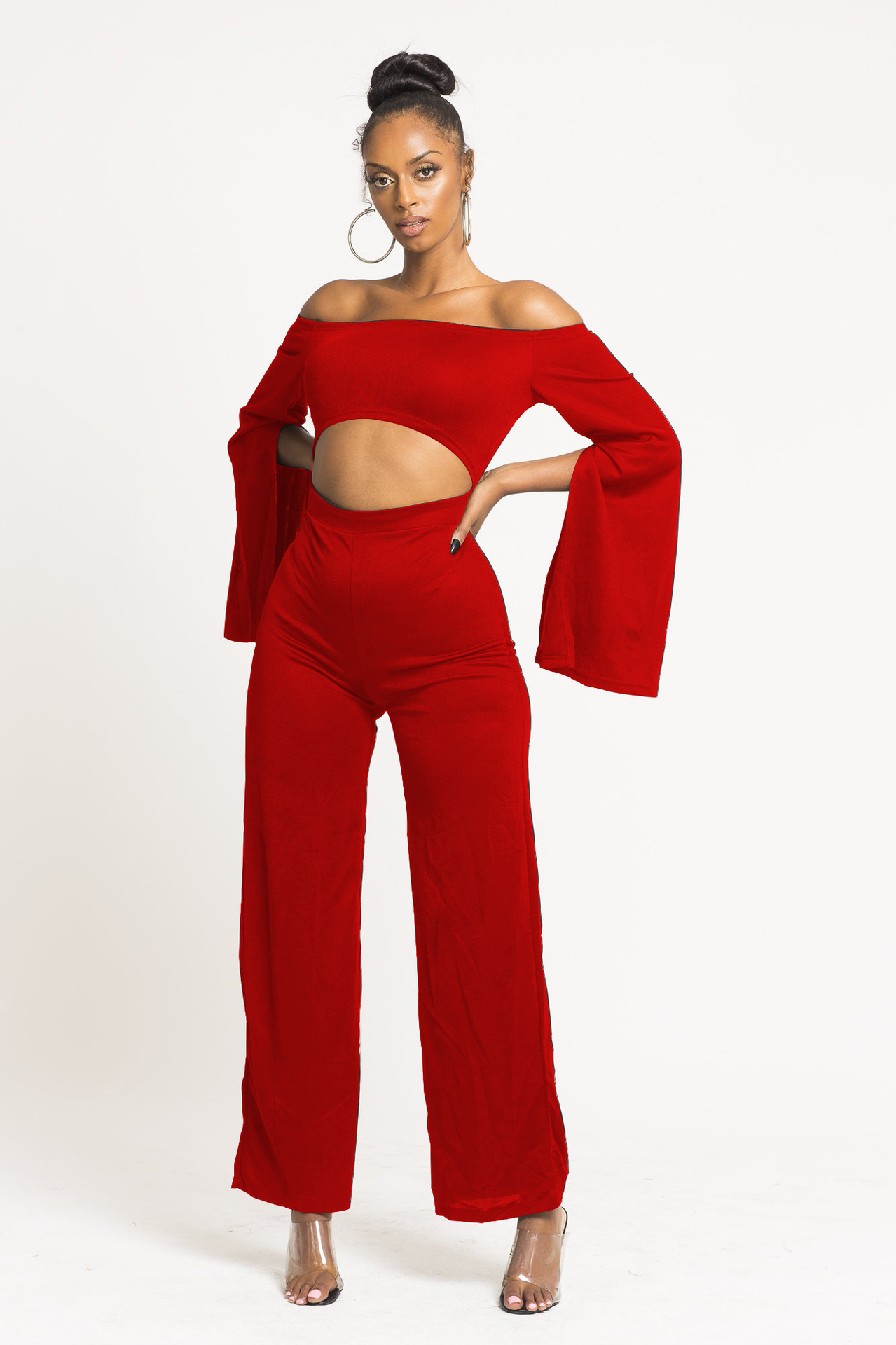 Boutique Casual Solid Color Long Sleeves Cropped off Shoulder Jumpsuit