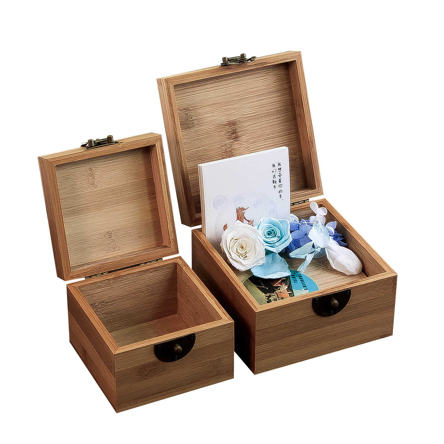 木竹质带锁木盒子正方形桌面收纳盒首饰储物方木盒包装竹小方盒