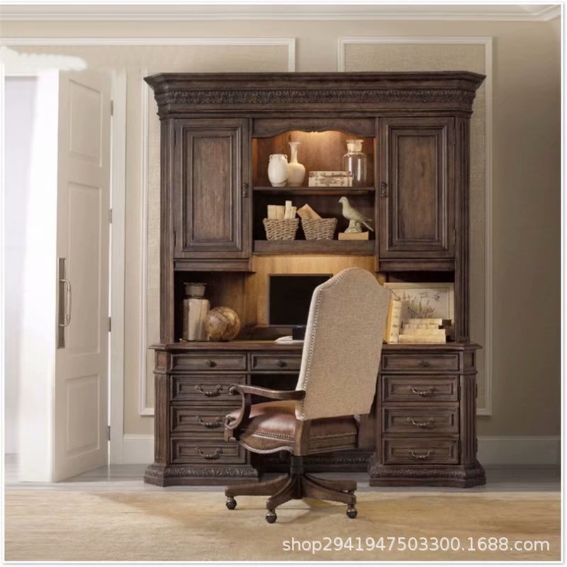 American Style Solid Wood Desk Bookcase One-piece Study Vintage Old Carved Desk Two-door Bookcase Custom Furniture