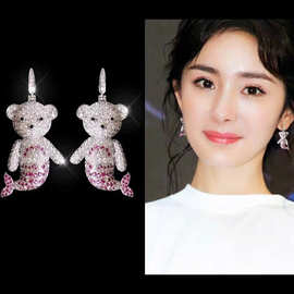 薇娜 日韩可爱百搭粉色小熊锆石耳环美人熊微镶耳坠925银针耳饰品