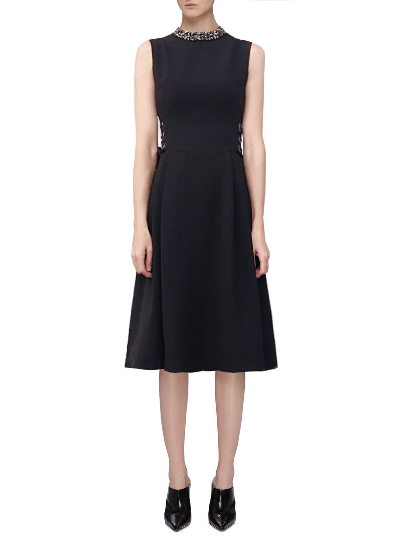 0403-06 唐嫣同款领口订珠系带收腰裙SML码颜色黑色红