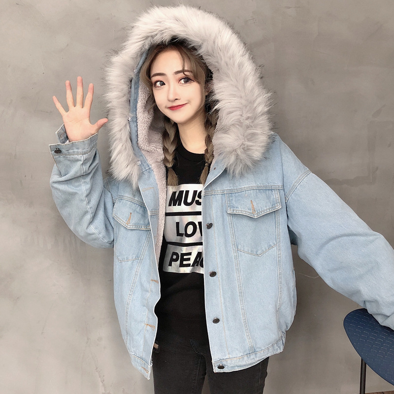 跨境2020冬季新款韩版加厚兔毛绒大毛领牛仔外套女宽松加绒棉衣