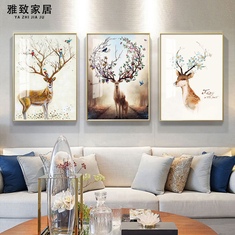 北欧麋鹿客厅装饰画沙发背景墙挂画现代简约三联画抽象轻奢晶璃画