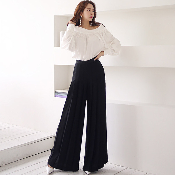 Women’s suit spring 2020 new one line collar pleated shirt High Waist Wide Leg Pants show thin pants two piece set