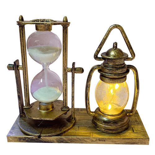 Creative Imitation Antique Quicksand Street Lamp Pen Holder Lantern Light Tower Student Gift White Hourglass Dual-color Small Night Light Ornament