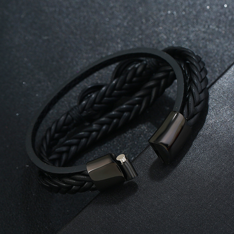 New Menu0027s Jewelry Black Stainless Steel Buckle Leather Bracelet Alloy Black Plated 8 Word Imitat