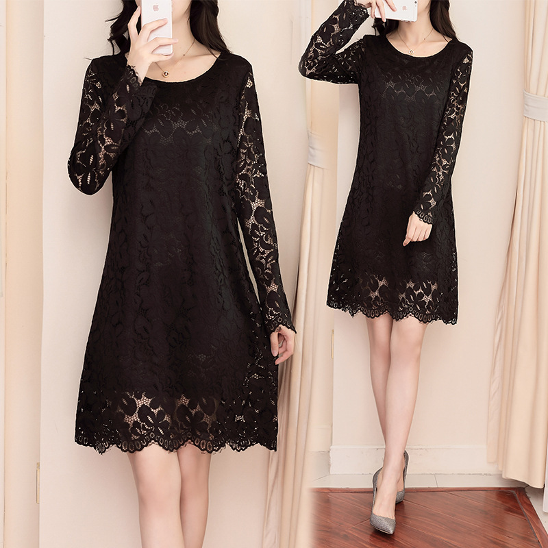 实拍大码春装2020新款200斤加大胖mm遮肉百搭宽松显瘦蕾丝连衣裙|ru