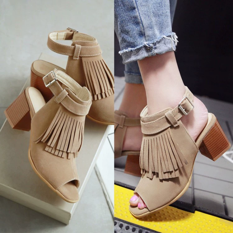 Сандалии 2019, женские летние студенческие милые туфли с кисточками, женская обувь на массивном каблуке и высоком каблуке, европейские и американские британские римские туфли с открытым носком