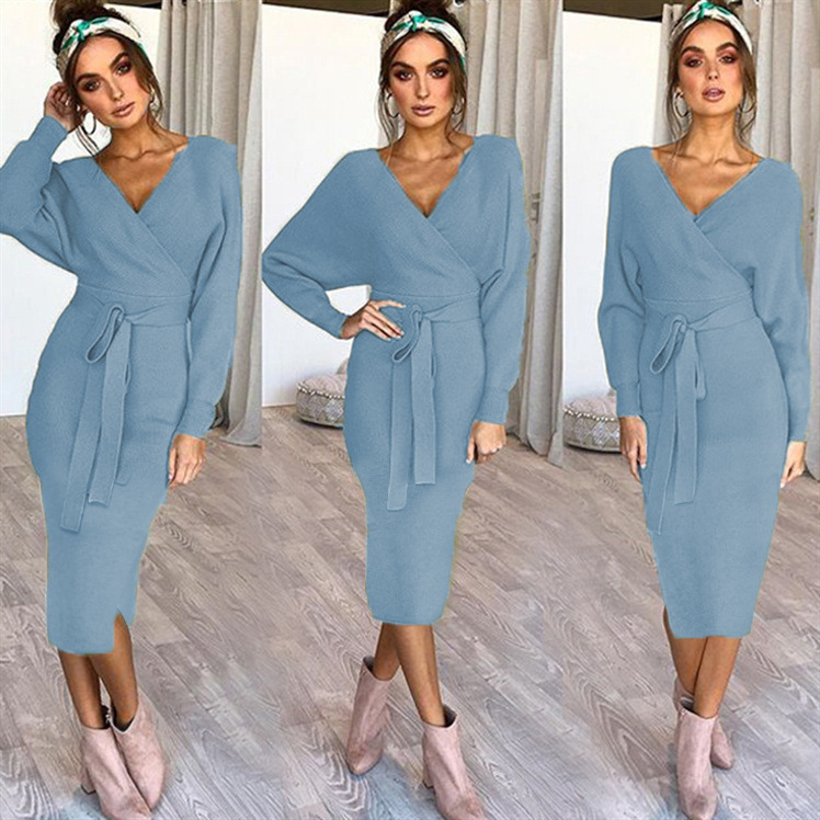 split V-neck lace-up long-sleeved dress nihaostyles wholesale clothes NSSYV106797