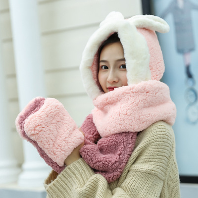 秋冬新款韩版女三件套连帽加厚保暖毛绒拼色帽子围巾手套一体围脖