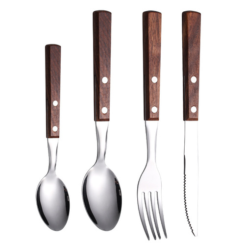 304 stainless steel original solid wood handle Western-style knife, fork and spoon creative wooden Western tableware gift set wholesale