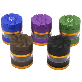 新款4层侧透明雕花盖铝合金磨烟器50mm 手动金属磨砂磨烟器碎烟器