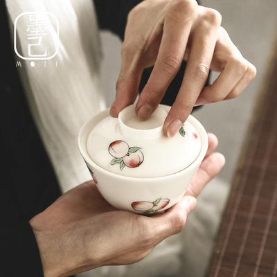 Mo Ji Hand drawn Peach-Shaped Mantou Cover bowl ceramics Lard white Teacup Kungfu Online tea set Make tea customized logo